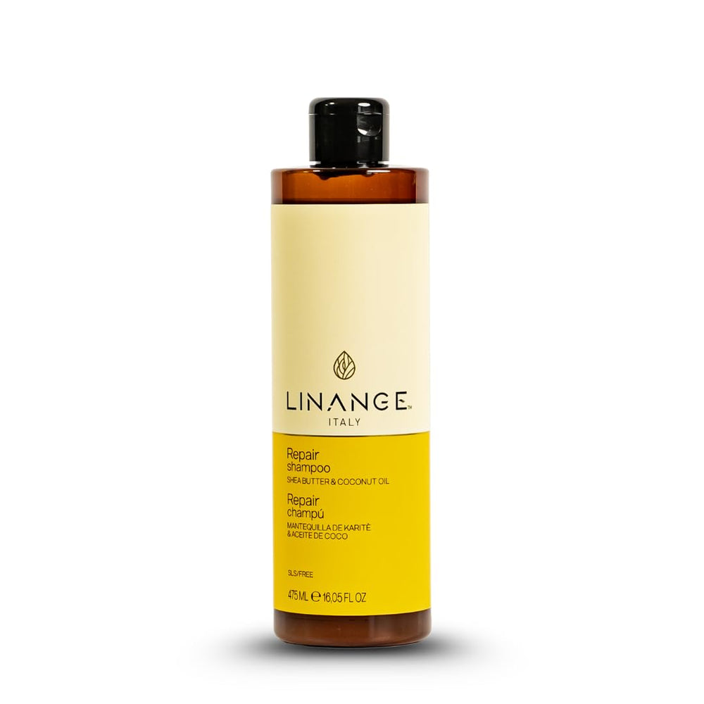 LINANGE Repair Shampoo bottle with shea butter nourishes color-treated hair.
