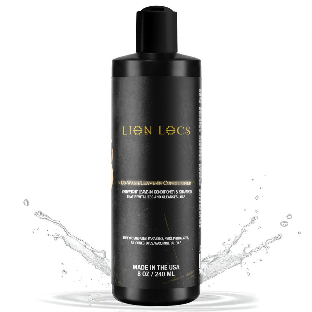 Lion Locs co-wash bottle closeup, gentle cleansing.