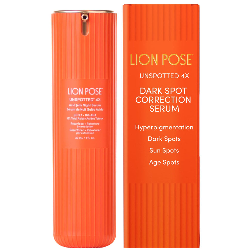 LION POSE UNSPOTTED 4X dark spot serum bottle targeting uneven skin tone.