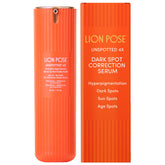 LION POSE UNSPOTTED 4X dark spot serum bottle targeting uneven skin tone.