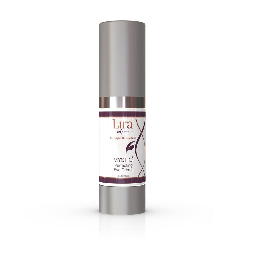 Lira Clinical MYSTIQ eye cream tube shows a silky, lifting formula for the eye area.