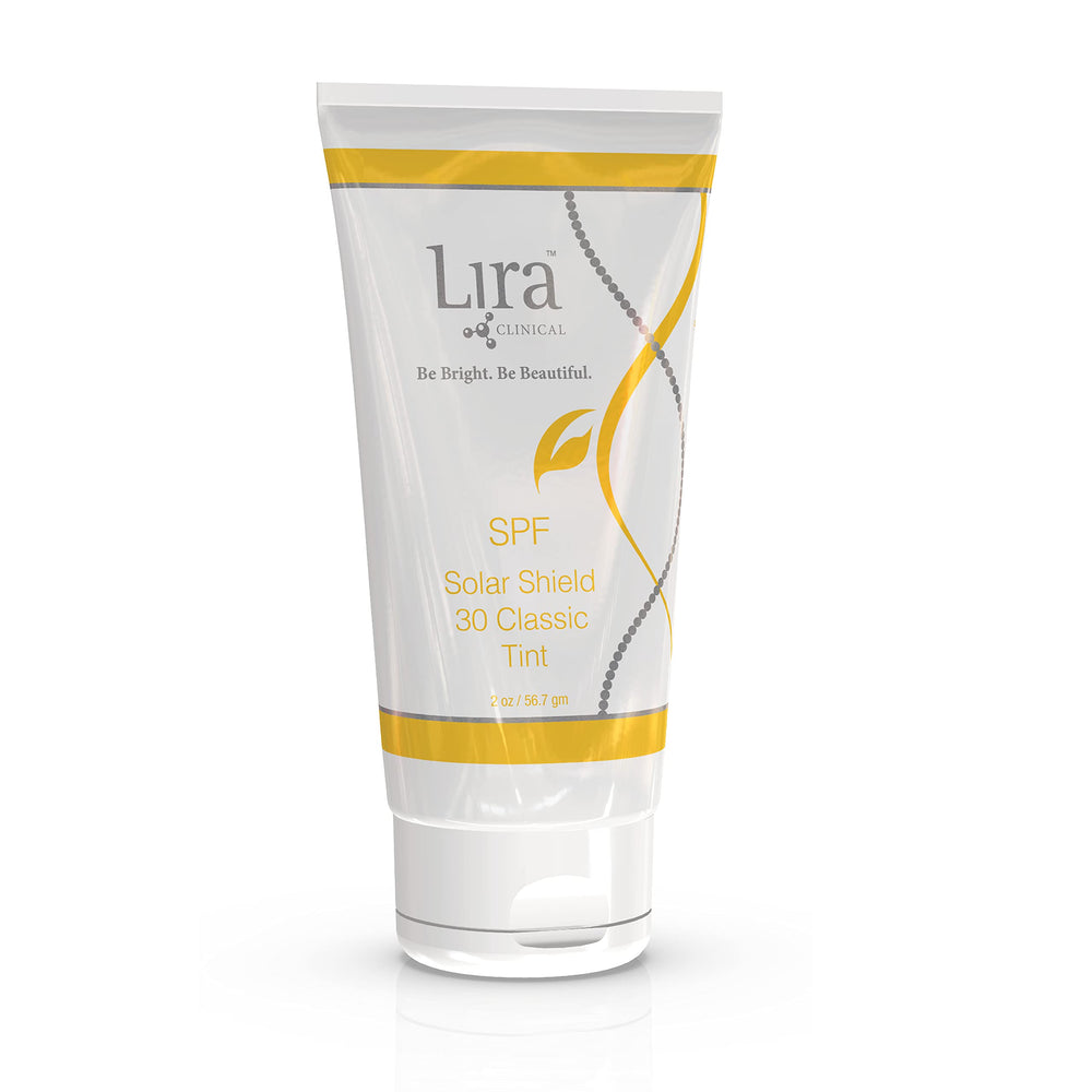 Lira Clinical Solar Shield 30 Classic Tint bottle close-up showing SPF 30 protection.