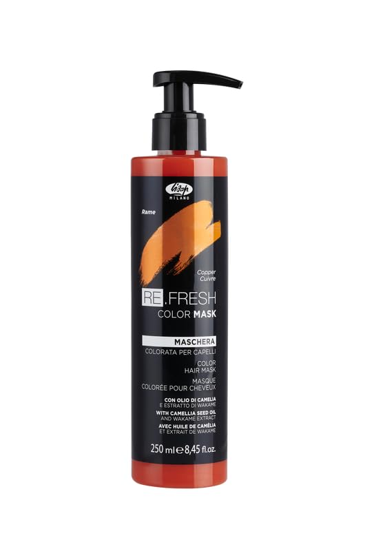 Lisap copper color depositing mask bottle closeup for color refresh and hydration.
