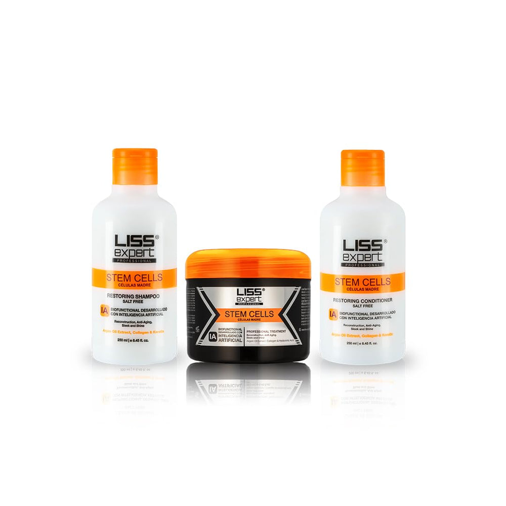Liss Expert Stem Cells bottle pour showing smooth application and frizz reduction