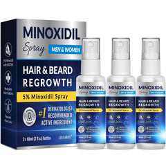 Listarfe 5% Minoxidil spray bottle on a clean surface for daily use