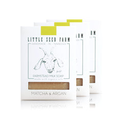 Little Seed Farm Matcha & Argan soap packaging highlights natural ingredients and eco-friendly design