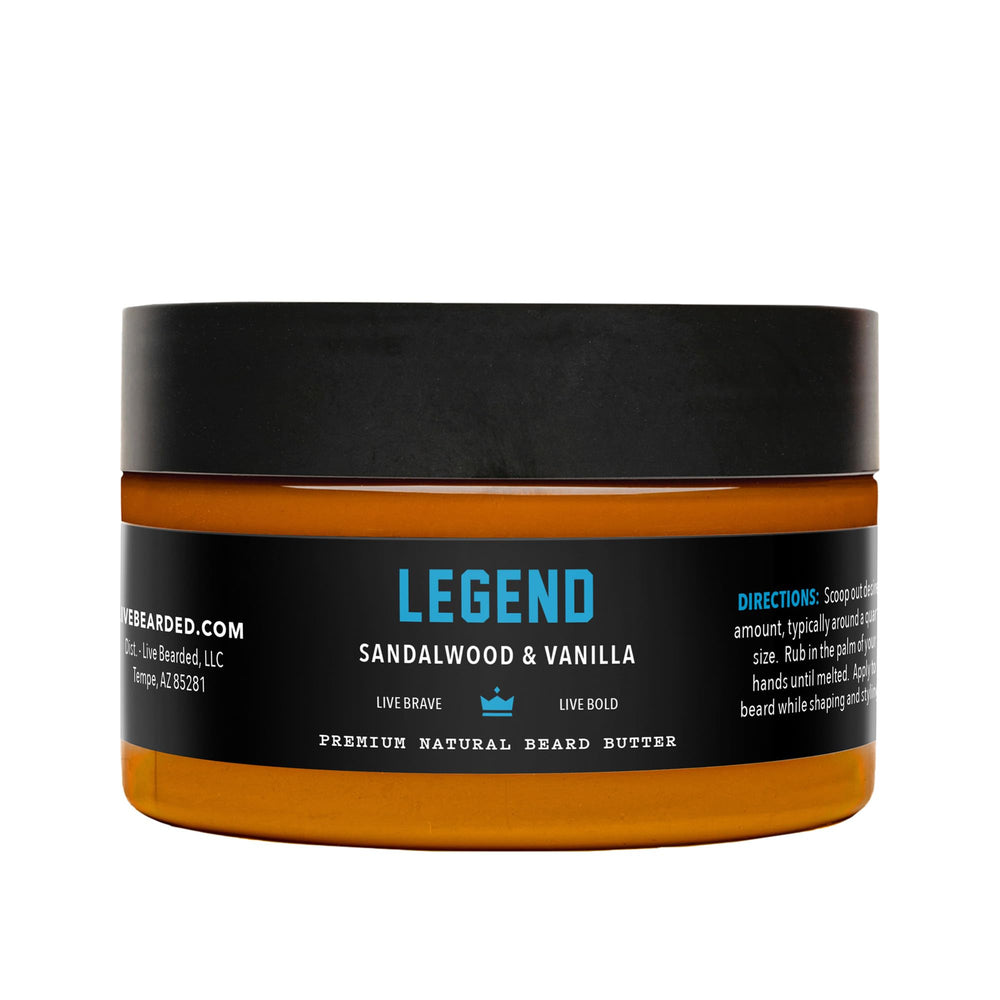 Live Bearded beard butter jar showing a natural formula for soft, manageable beard.