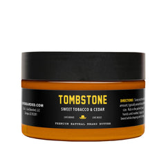 Live Bearded Tombstone-scent beard butter in a 3 oz jar nourishes beard and skin.