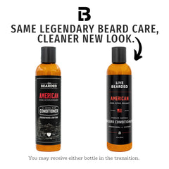 Live Bearded conditioner label highlighting American scent with cedar and bergamot.