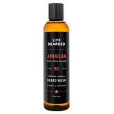 Live Bearded beard wash bottle front view highlighting cedar, vetiver, bergamot scent.