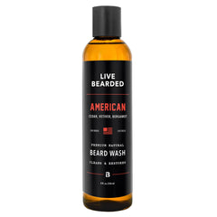 Live Bearded beard wash bottle front view highlighting cedar, vetiver, bergamot scent.
