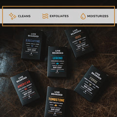 Live Bearded USA-made bar soap 3-pack on display