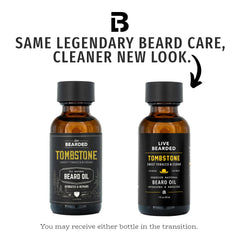 Live Bearded Tombstone Beard Oil label close-up for premium scent.