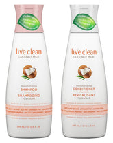Live Clean Coconut Milk Shampoo bottle pouring for hydrating cleanse.
