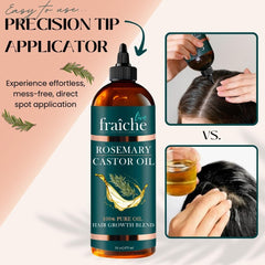 Live Fraiche bottle close-up highlights rosemary scent and oil texture.