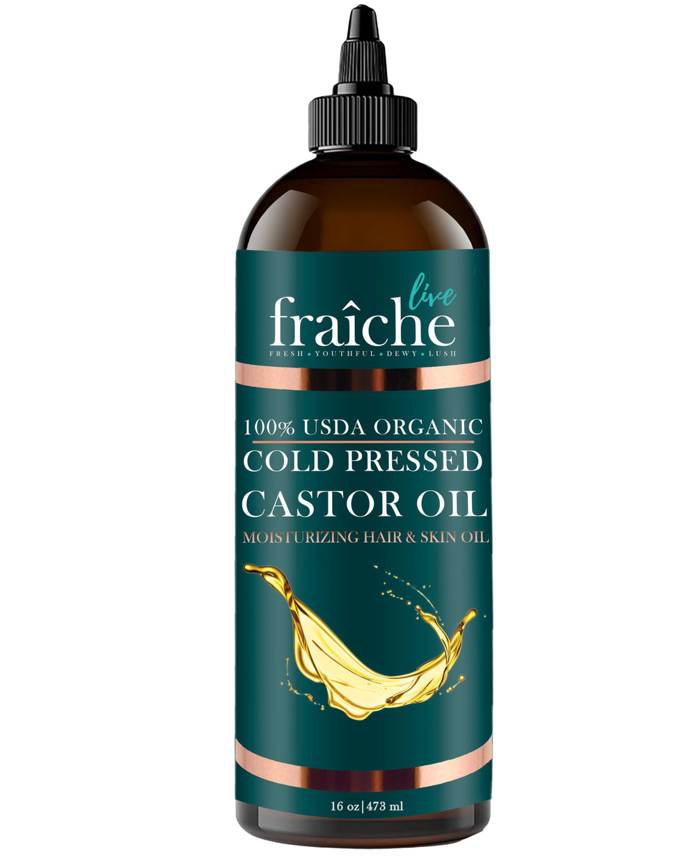 Live Fraiche Organic Castor Oil 16oz bottle for skin and hair hydration.