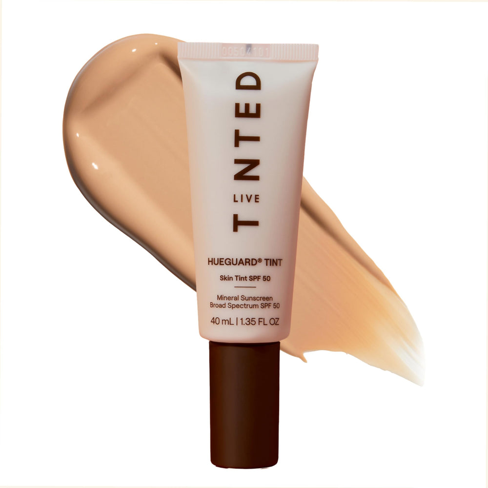 Live Tinted Hueguard Skin Tint bottle shows SPF 50 protection for daily use
