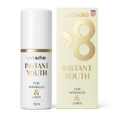 LiveGood Instant Youth bottle close-up, compact packaging for quick wrinkle care.