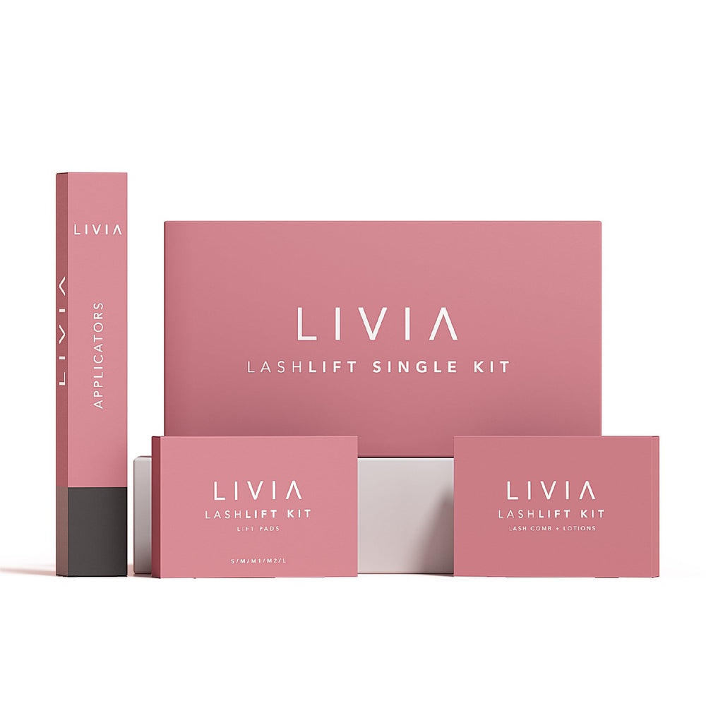 LIVIA Lash Lift Kit contents laid out for DIY salon-quality curls
