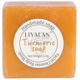 LIYALAN turmeric soap bar packaging shows vegan skincare quality and sustainability.