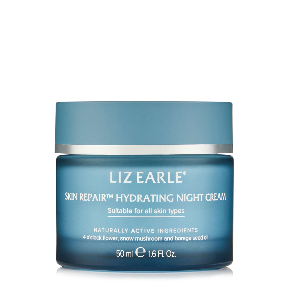 Liz Earle Skin Repair Night Cream bottle close-up highlighting deep hydration.