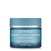 Liz Earle Skin Repair Night Cream bottle close-up highlighting deep hydration.