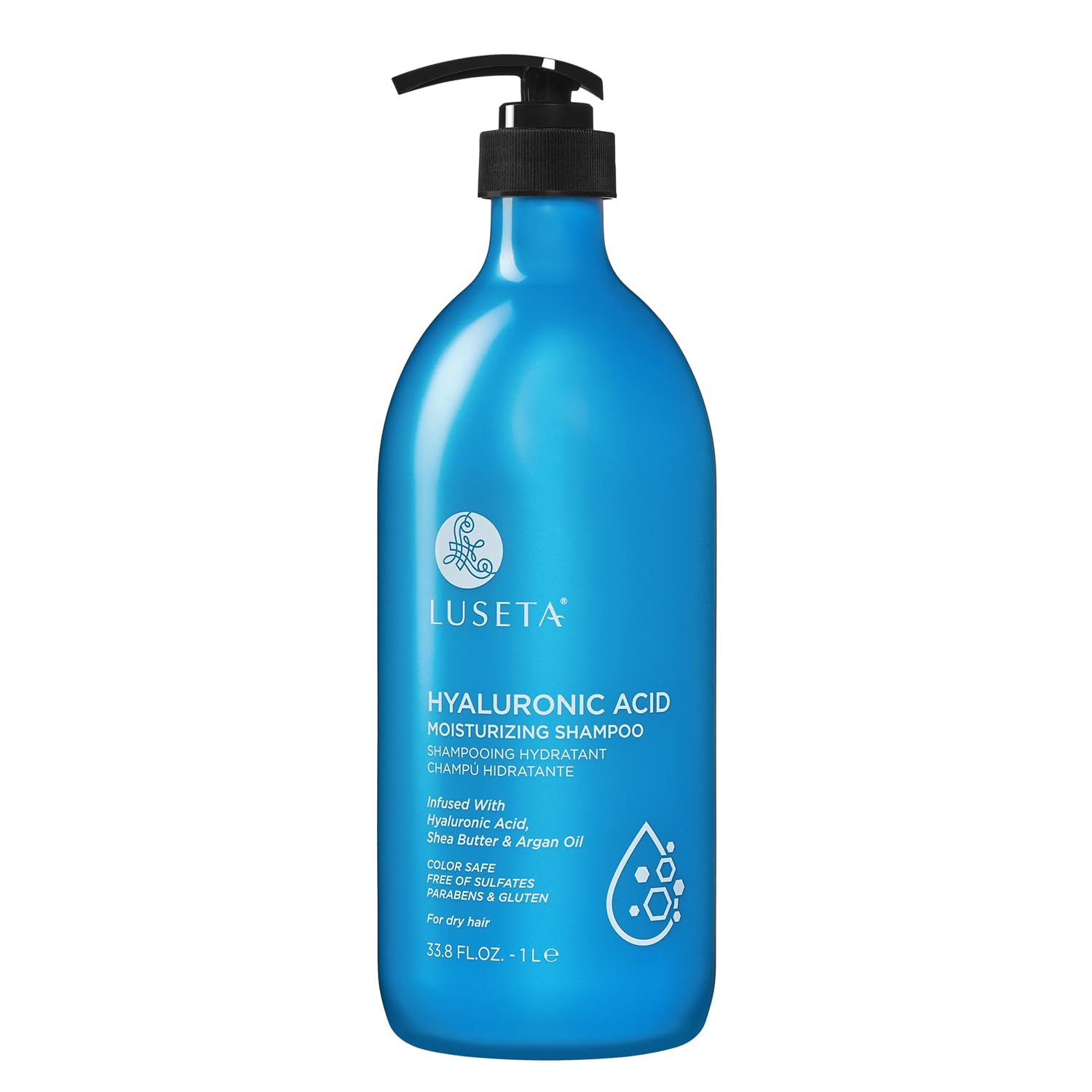 LLUSETA hyaluronic shampoo bottle on shelf promoting hydration and shine