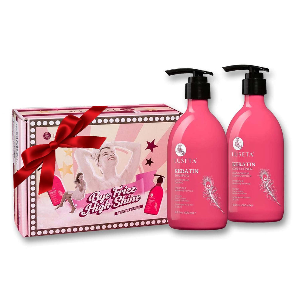 L LUSETA Keratin Shampoo bottle highlights sulfate-free formula for smoother hair.