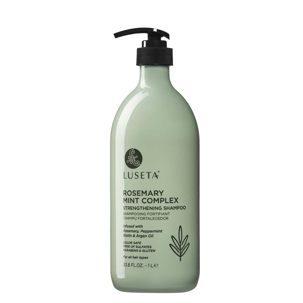 L Luseta Rosemary Mint Strengthening Shampoo bottle promoting a sulfate-free, hydrating formula for all hair types.