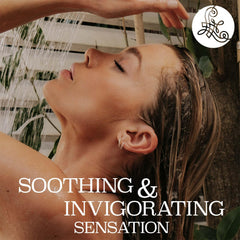 L Luseta Rosemary Mint Strengthening Shampoo close-up shows glossy, healthy-looking hair strands.