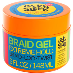 LOCK'N SLEEK Braid Gel bottle showing extreme hold for braids and locs.