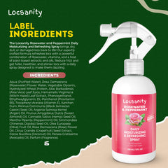Locsanity rosewater ingredients close-up highlighting plant-based formula.