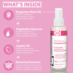 LOCssentials Rose Water Spray ingredients highlight Bulgarian rose oil and botanicals