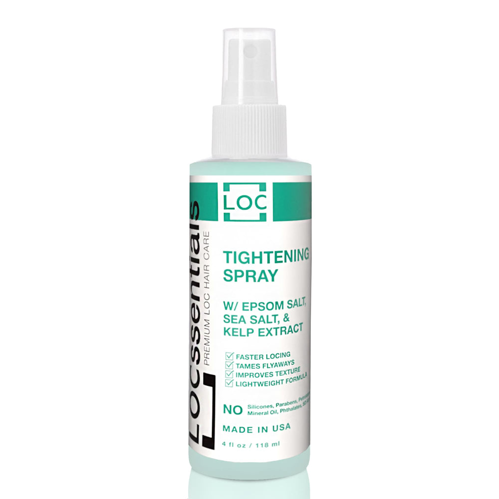 LOCssentials Sea Salt Tightening Spray bottle close-up for faster locs definition.