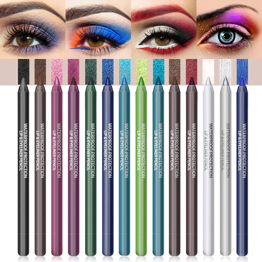 LOKFAR 14-color eyeliner set swatches showing matte, pearl, metallic, and glitter finishes for bold looks.
