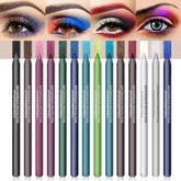 LOKFAR 14-color eyeliner set swatches showing matte, pearl, metallic, and glitter finishes for bold looks.