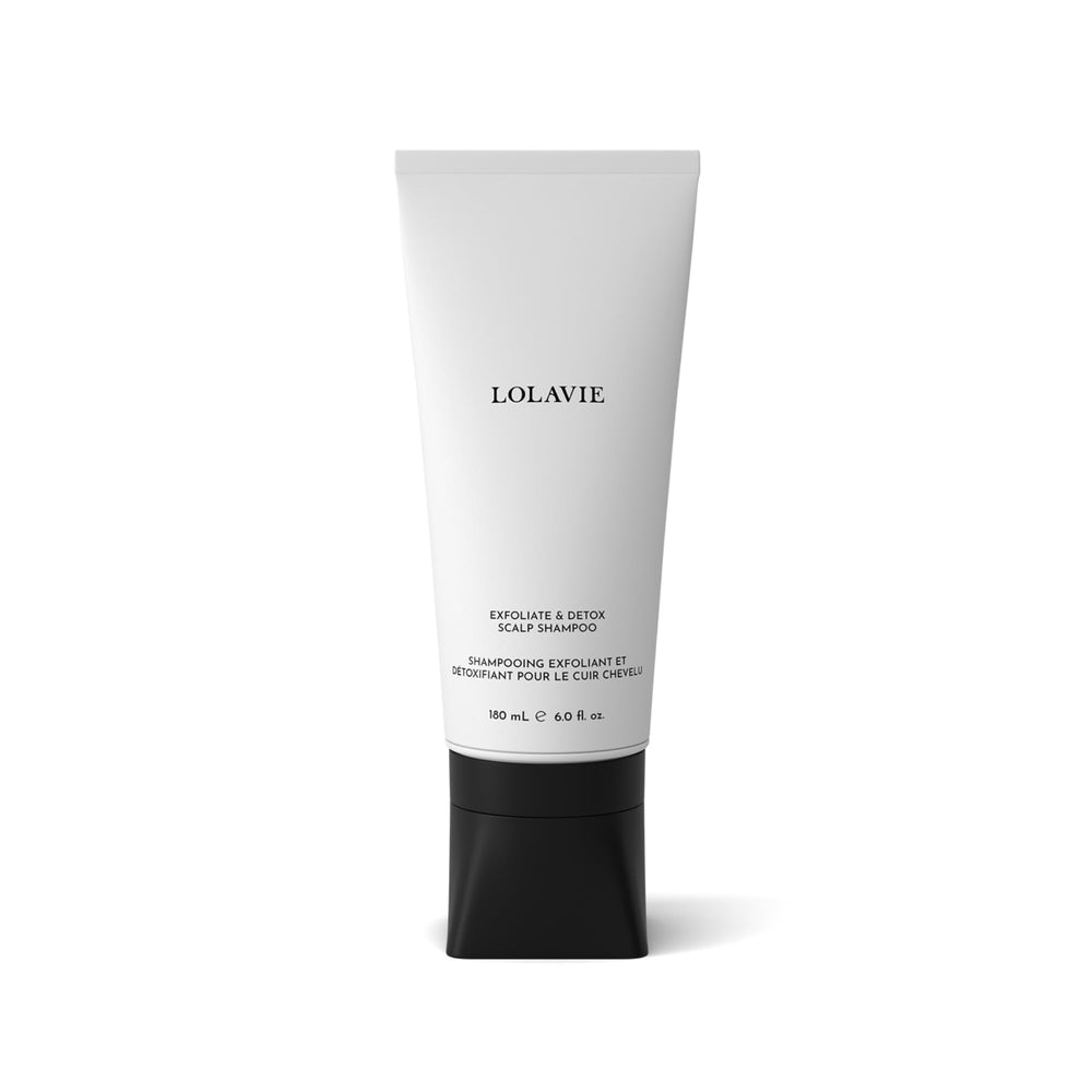 Lolavie Exfoliate Detox Scalp Shampoo bottle demonstrates charcoal detox for a fresher scalp