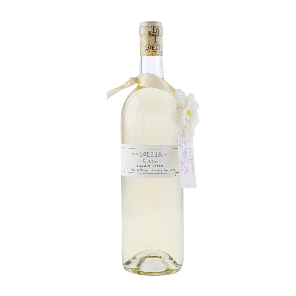 Lollia Relax bottle enriched with lavender honey fragrance for a calming soak