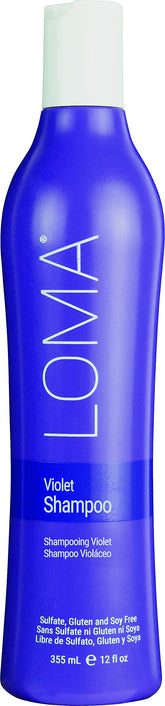 LOMA Violet Shampoo bottle highlighting color-brightening for blondes and greys.