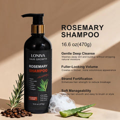 LONIVA Rosemary Hair Growth Shampoo label-front shows a natural vegan formula.