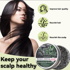 Loobexery shampoo bar on damp hair demonstrates easy massage and gentle cleansing.