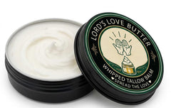 Lord's Love Butter tallow balm in a 2.4 oz tin showing rich moisture
