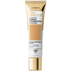 L'Oreal Paris Age Perfect Radiant Serum Foundation bottle with SPF 50 for mature skin