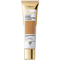 L'Oreal Paris Age Perfect Radiant Serum Foundation Amber Beige bottle provides lightweight, hydrating coverage