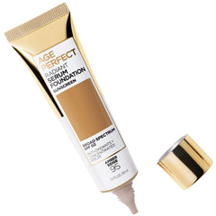 L'Oreal Paris Age Perfect Radiant Serum Foundation SPF 50 label highlights sun protection for daytime wear