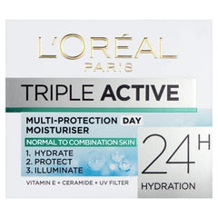 L’Oréal Paris Dermo-Expertise Triple Active Day moisturiser bottle for normal to combination skin, daily hydration.