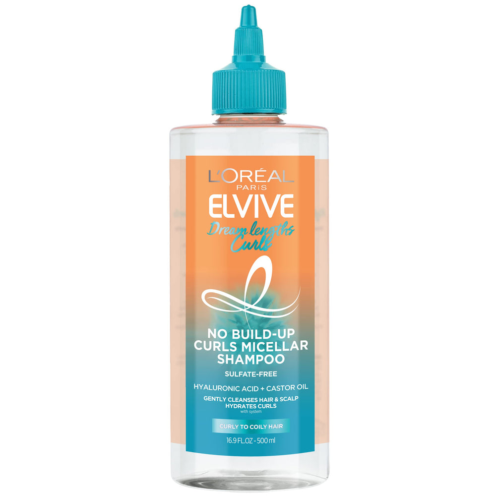 L’Oréal Paris Elvive Dream Lengths Curls micellar shampoo bottle pour for gentle cleansing.