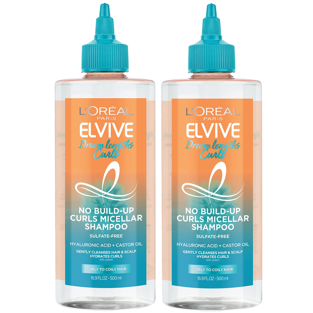 L'Oreal Paris Elvive Dream Lengths Curls micellar shampoo bottle pouring for gentle cleansing