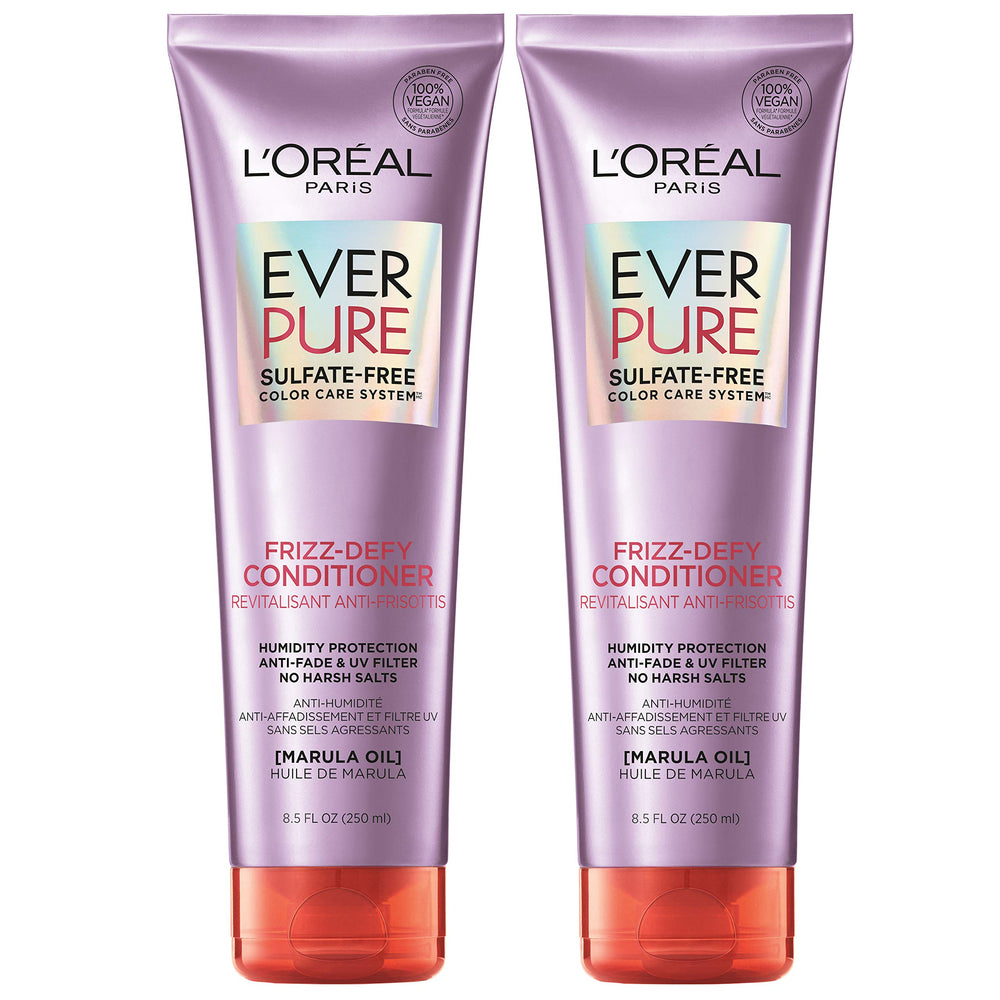 L'Oreal Paris EverPure Frizz-Defy bottle with marula oil for color-safe frizz control.