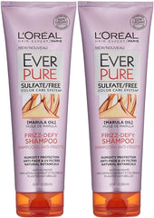 L'Oreal Paris EverPure Frizz-Defy Shampoo bottle shows color-safe, sulfate-free care